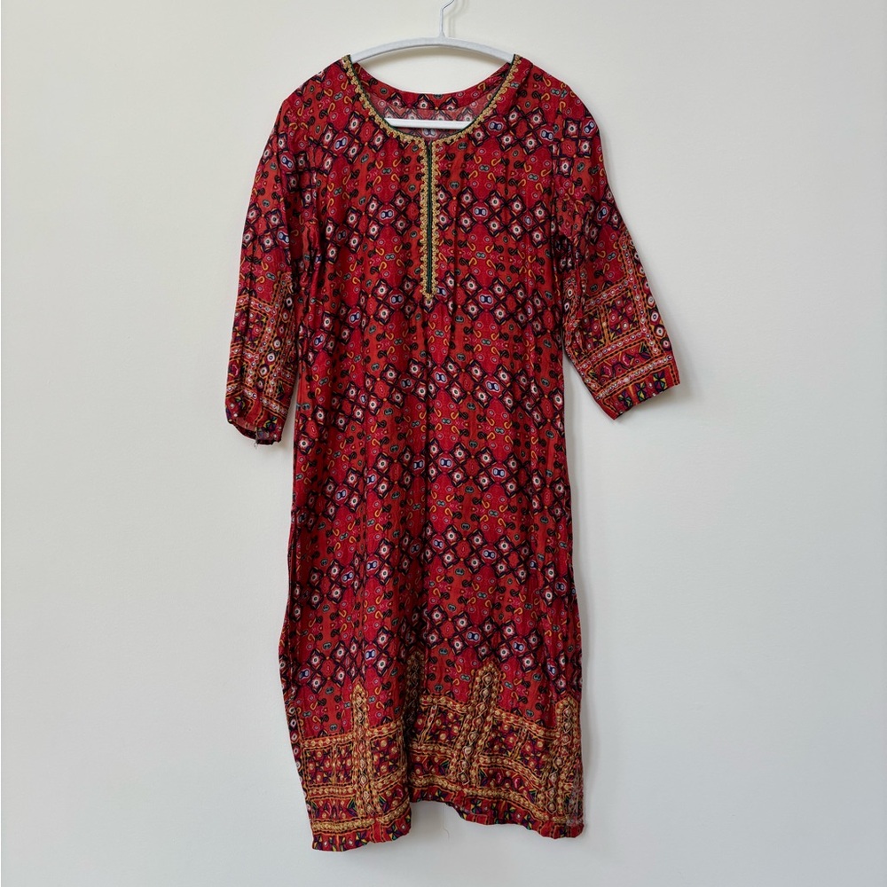 Red Printed Silk Kurta